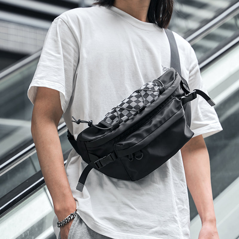 Trendy Plaid Mesh Men's Chest Bag Multifunction Utility Waterproof Personalised Outdoor Commuter Sports Portable One Strap Bag