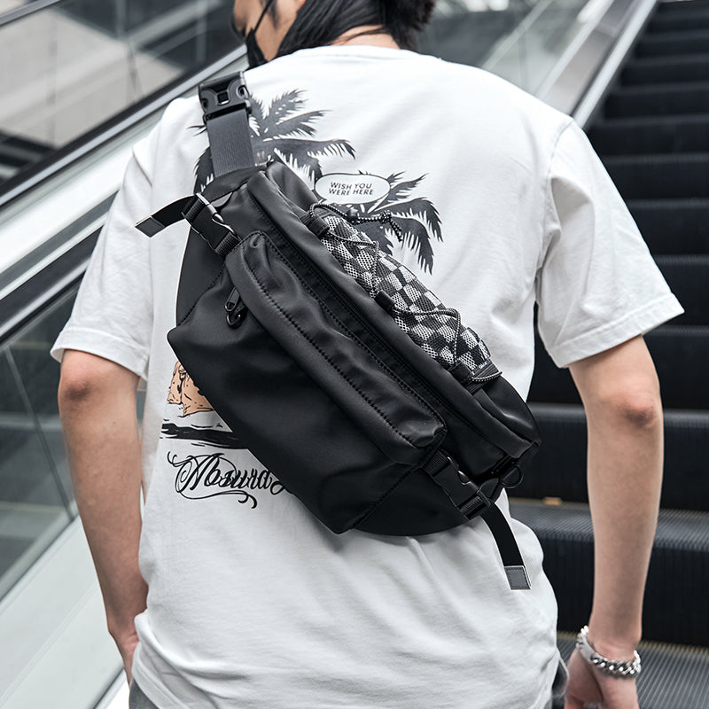 Trendy Plaid Mesh Men's Chest Bag Multifunction Utility Waterproof Personalised Outdoor Commuter Sports Portable One Strap Bag